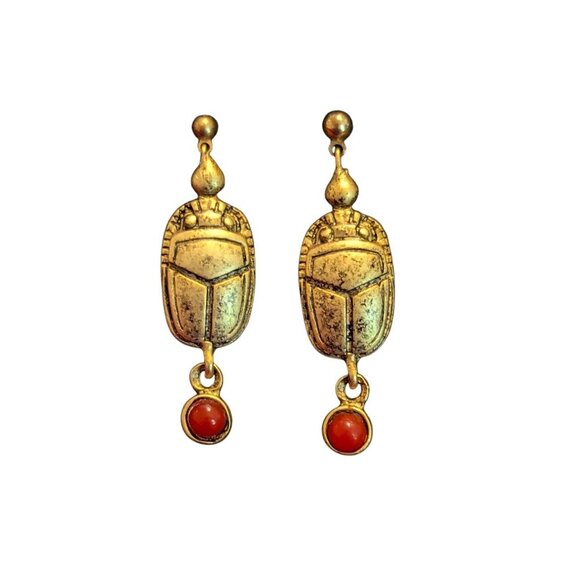 Scarab Beetle Carnelian Egyptian Earrings Art Deco Victorian Vintage Boho Post - Picture 1 of 4
